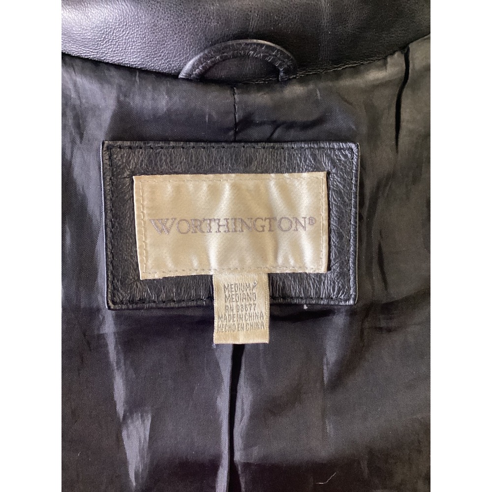 Worthington Black Genuine Leather Jacket Belted Zip Front Coat Womens Medium - Picture 5 of 6